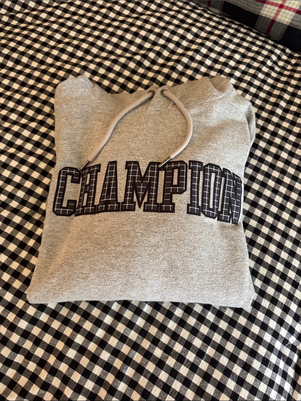Champion Heather Gray Hoodie Sweatshirt with Black & Gray Plaid Logo